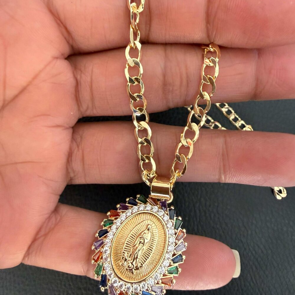 14K Gold Plated Virgin Guadalupe Cubic Zirconia Pendant Cuban Necklace , 20" 4mm